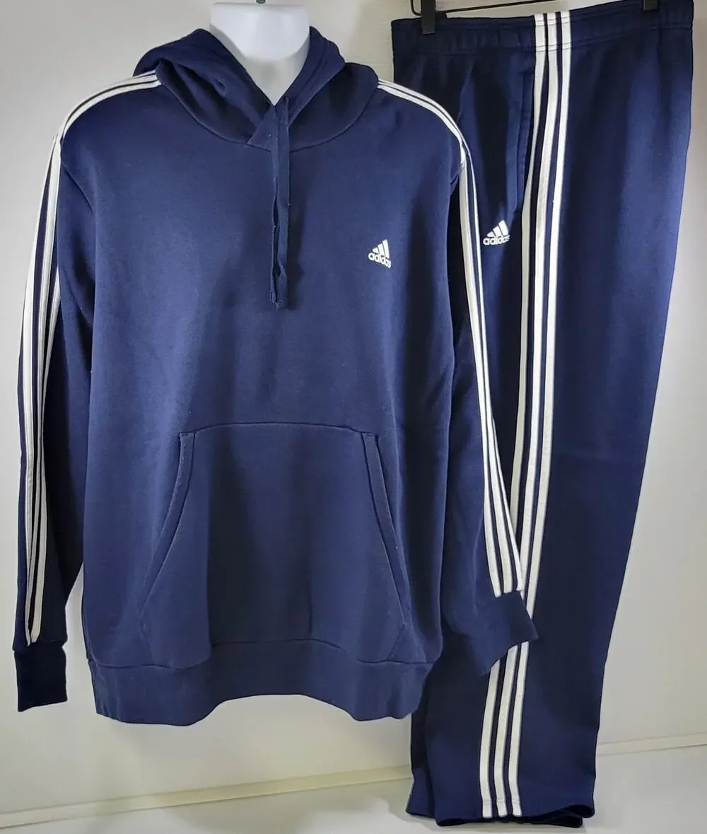 I9) Adidas Sportswear Men Fleece Tracksuit Navy Blue Hooded Sweatshirt Pants 2XL